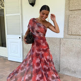 Catarina | Vestido Maxi Assimétrico com Estampado Abstrato
