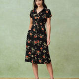 Glória - Vestido Midi Preto Floral