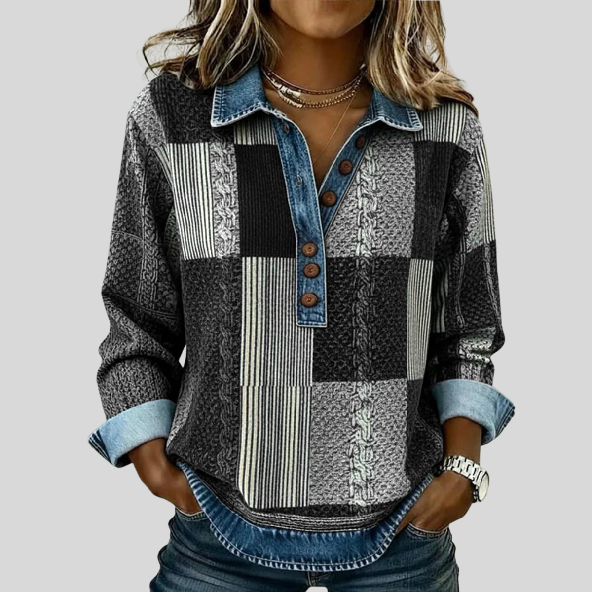 Meridell™ | Sweater com Estampa de Blocos de Cor
