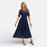 Mariana - Vestido Azul-Marinho Renda Manga Curta