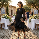 Mariana | Vestido Plissado com Mangas Fluídas e Folhos Assimétricos