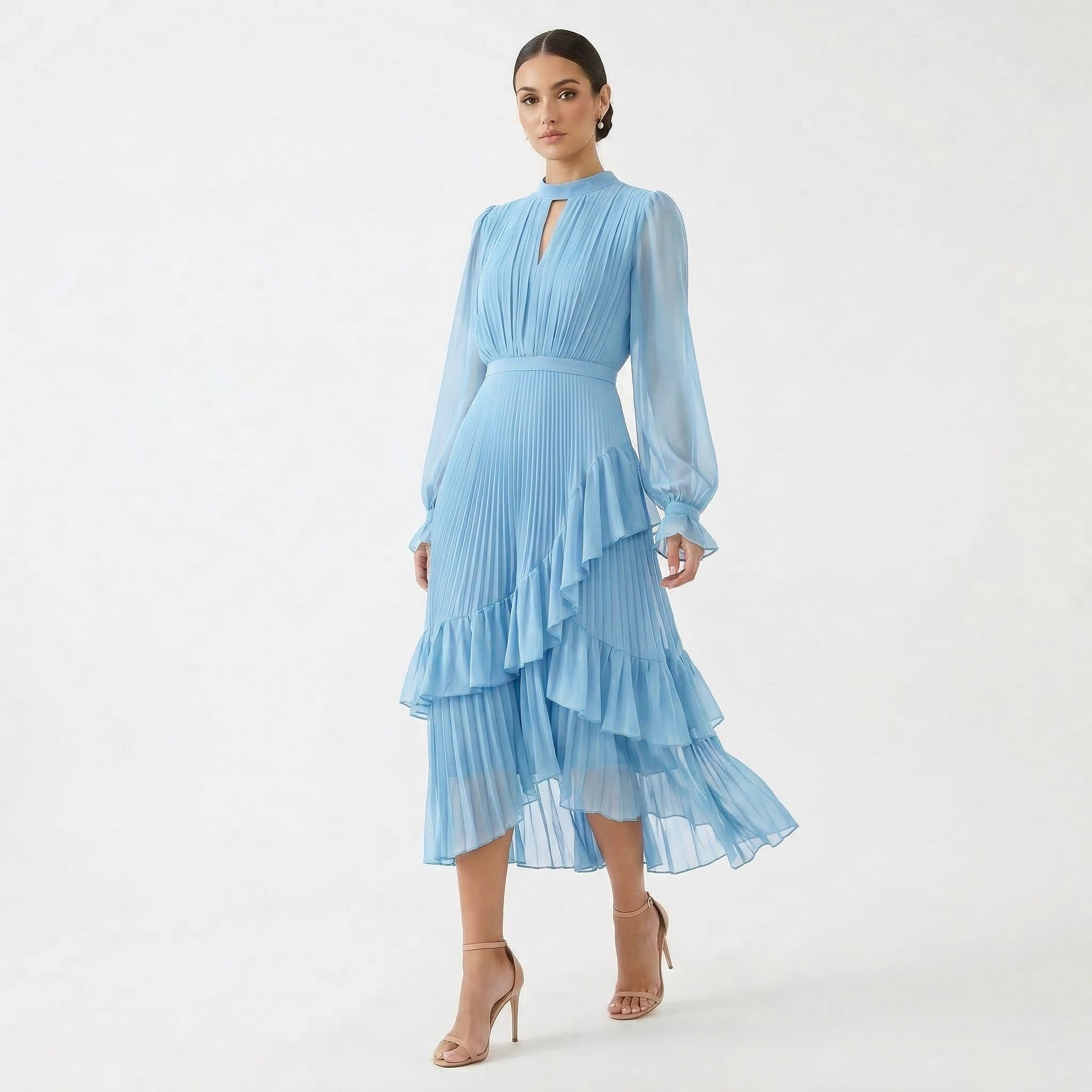 Mariana | Vestido Plissado com Mangas Fluídas e Folhos Assimétricos