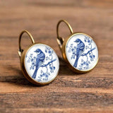 Brincos de Vidro Dome Vintage Pássaro Azul