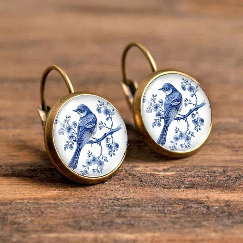 Brincos de Vidro Dome Vintage Pássaro Azul