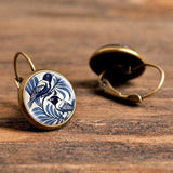 Brincos de Vidro Dome Vintage Pássaro Azul