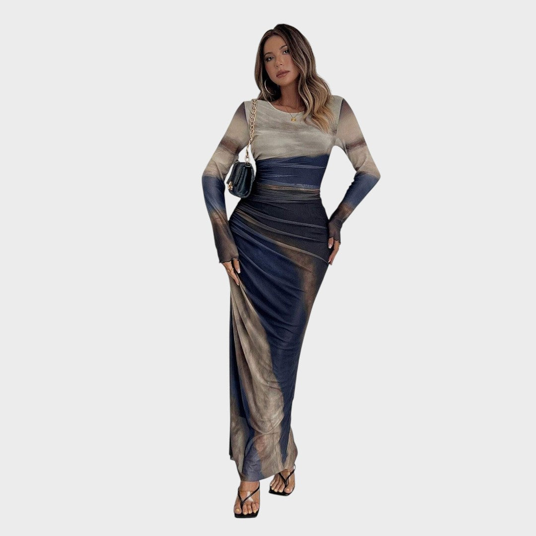 Amélia - Vestido maxi justo com mangas compridas