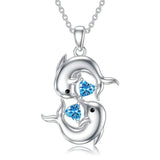 Colar Prateado com Golfinhos Duplos e Cristal Azul