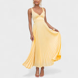 Abia - Vestido maxi amarelo plissado