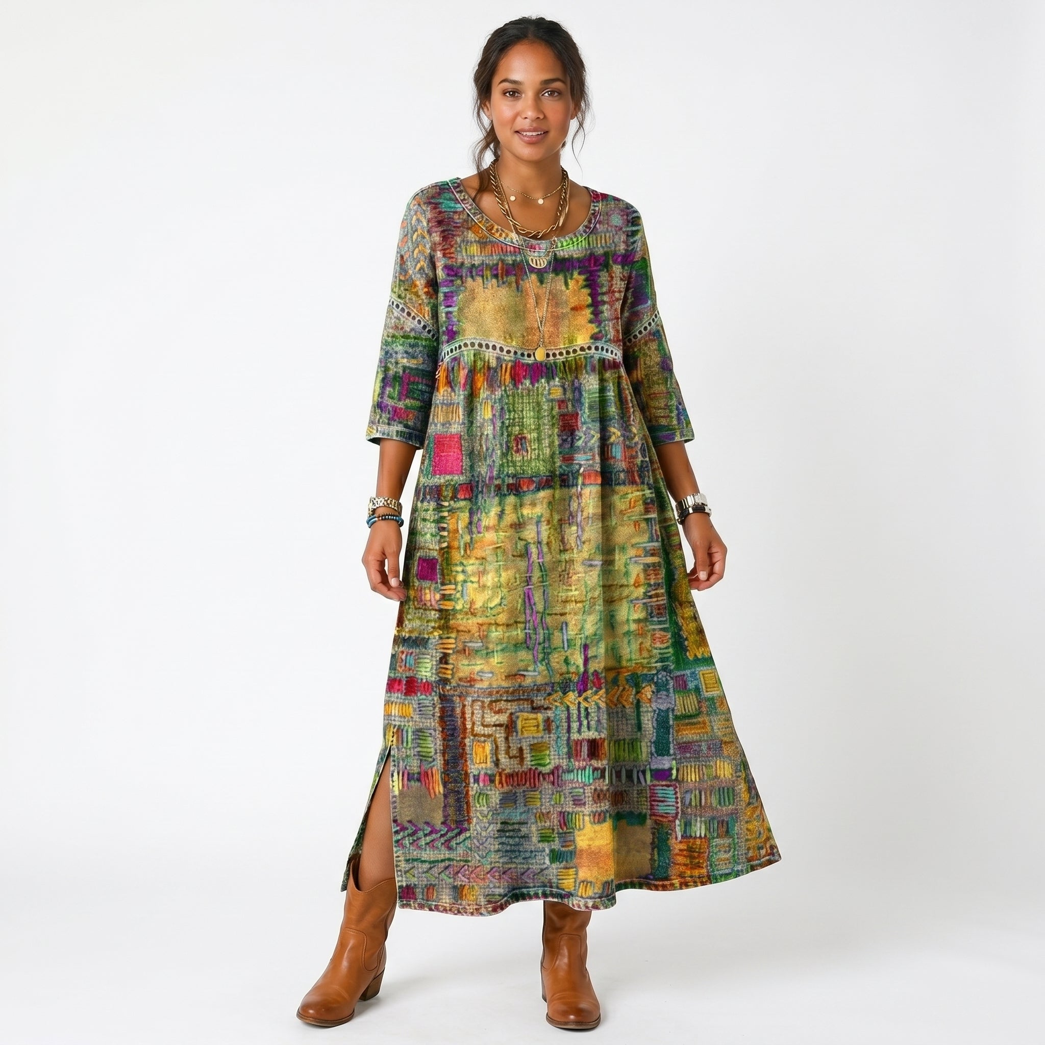 Amélia - Vestido Midi Padrão Abstrato