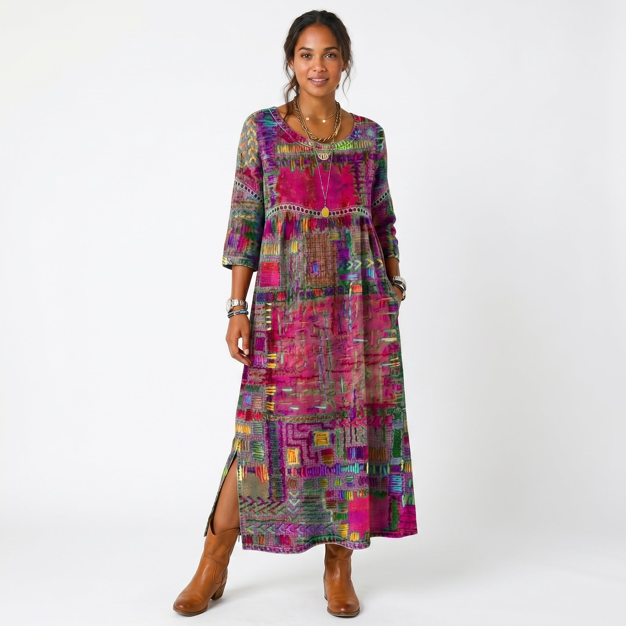 Amélia - Vestido Midi Padrão Abstrato