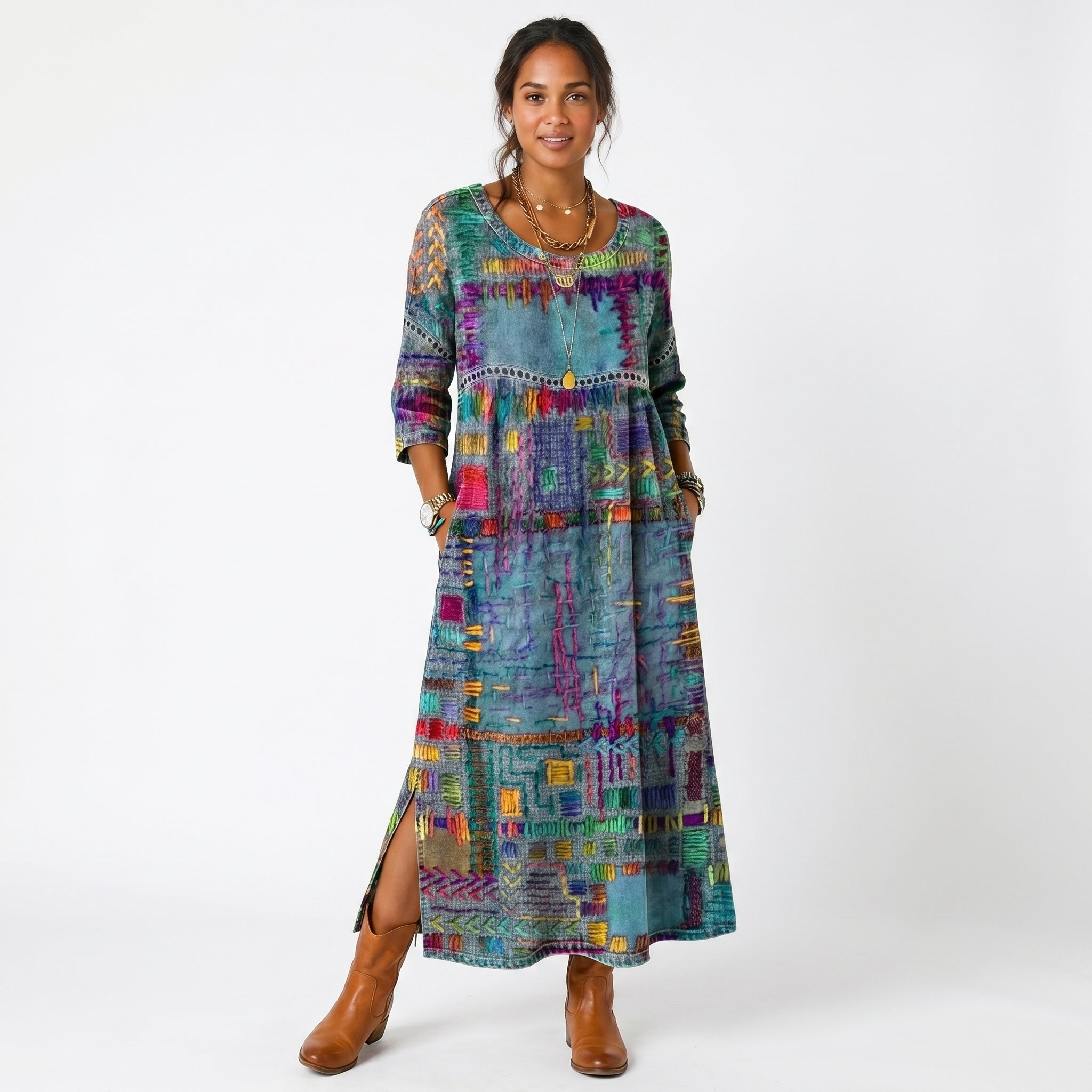 Amélia - Vestido Midi Padrão Abstrato