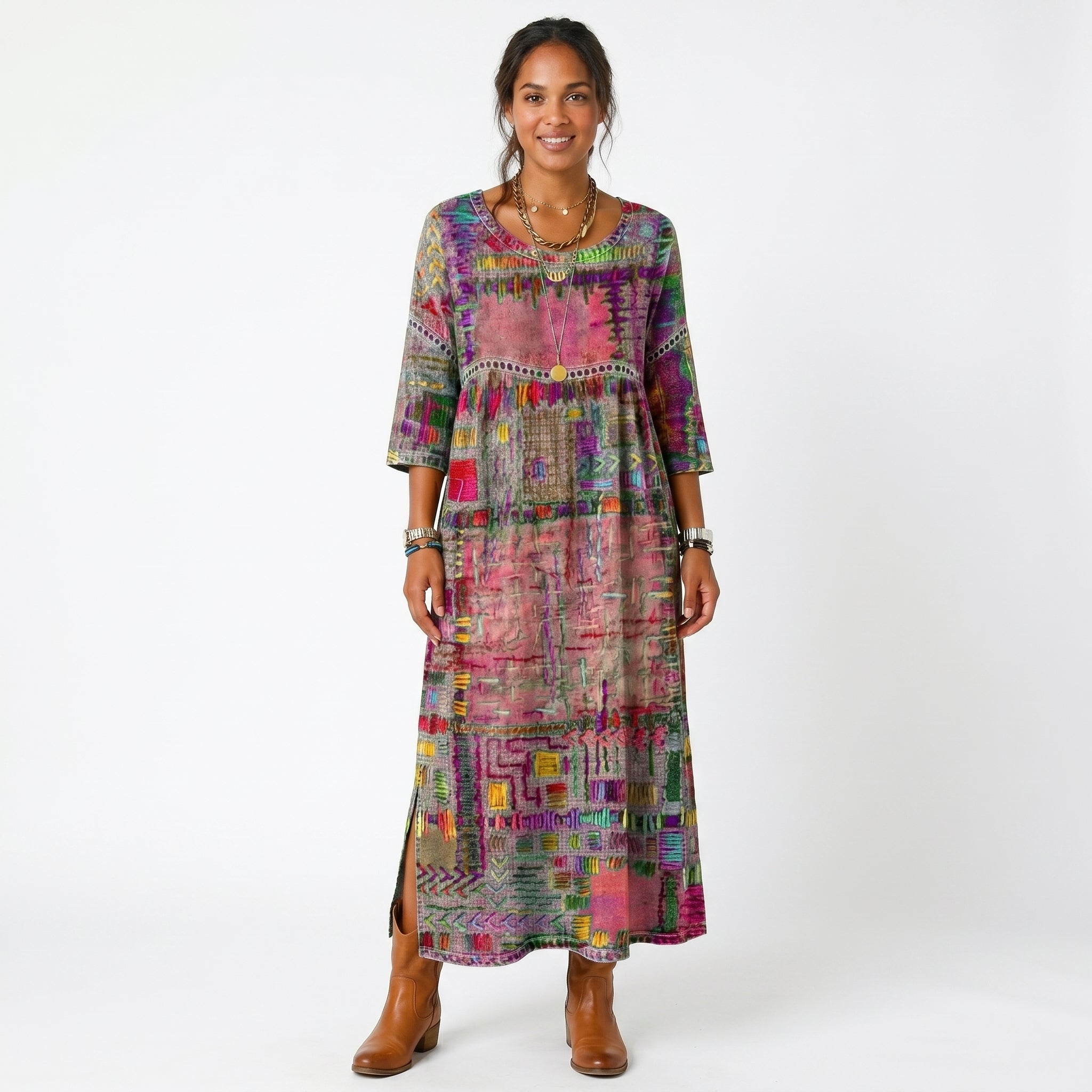 Amélia - Vestido Midi Padrão Abstrato