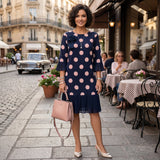 Clara | Vestido Azul Marinho às Bolinhas com Detalhe de Folhos