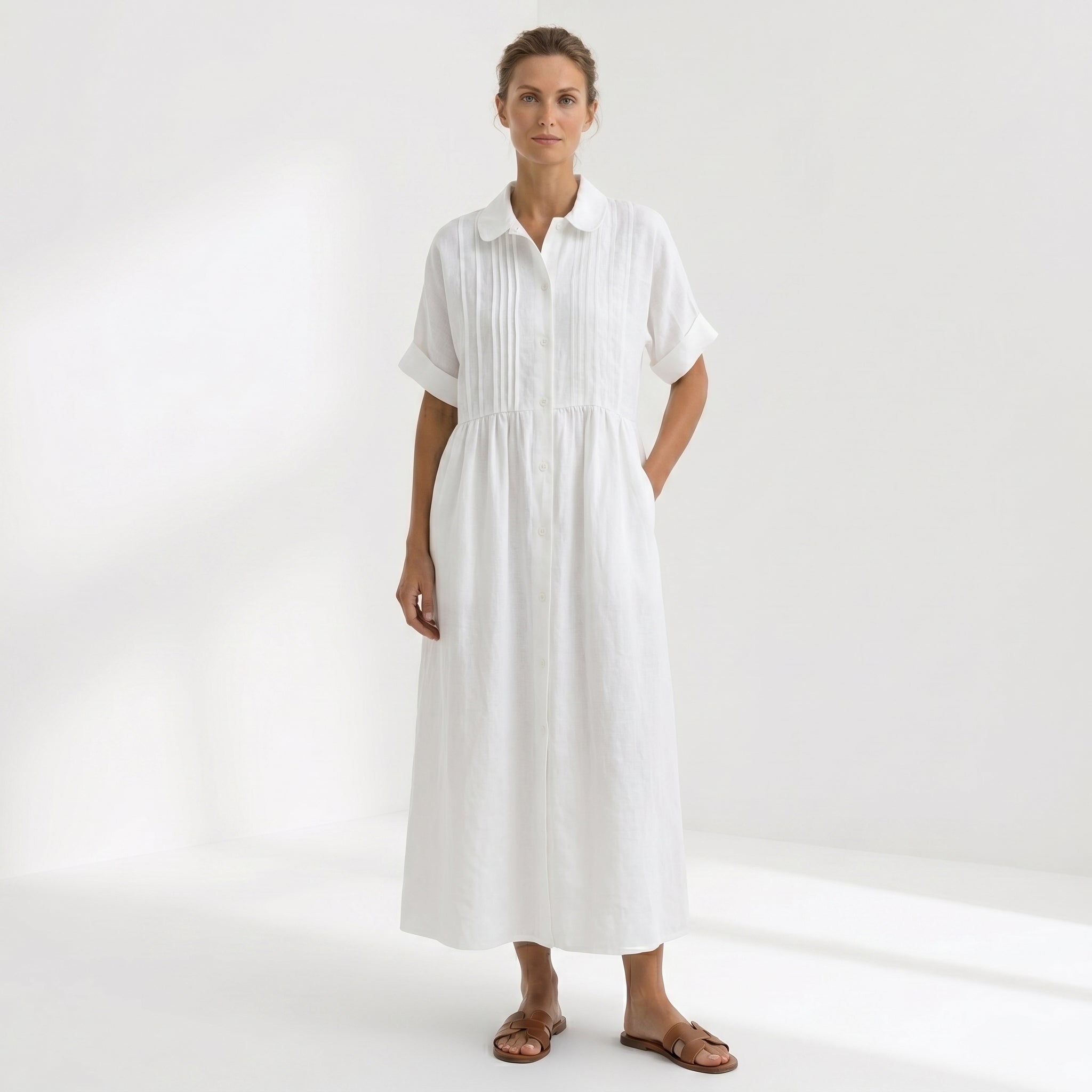 Helena - Vestido Linho Pregas e Botões