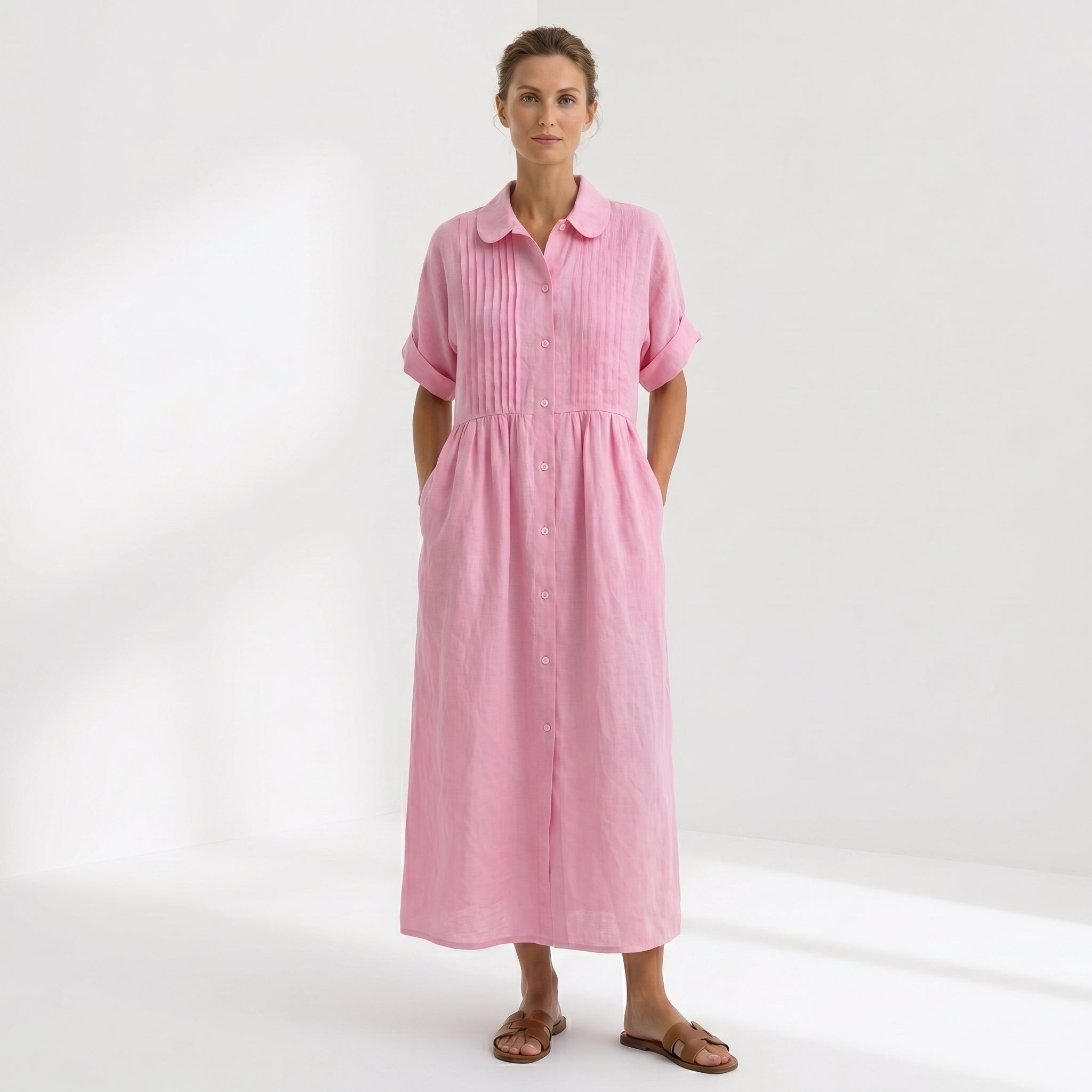 Helena - Vestido Linho Pregas e Botões