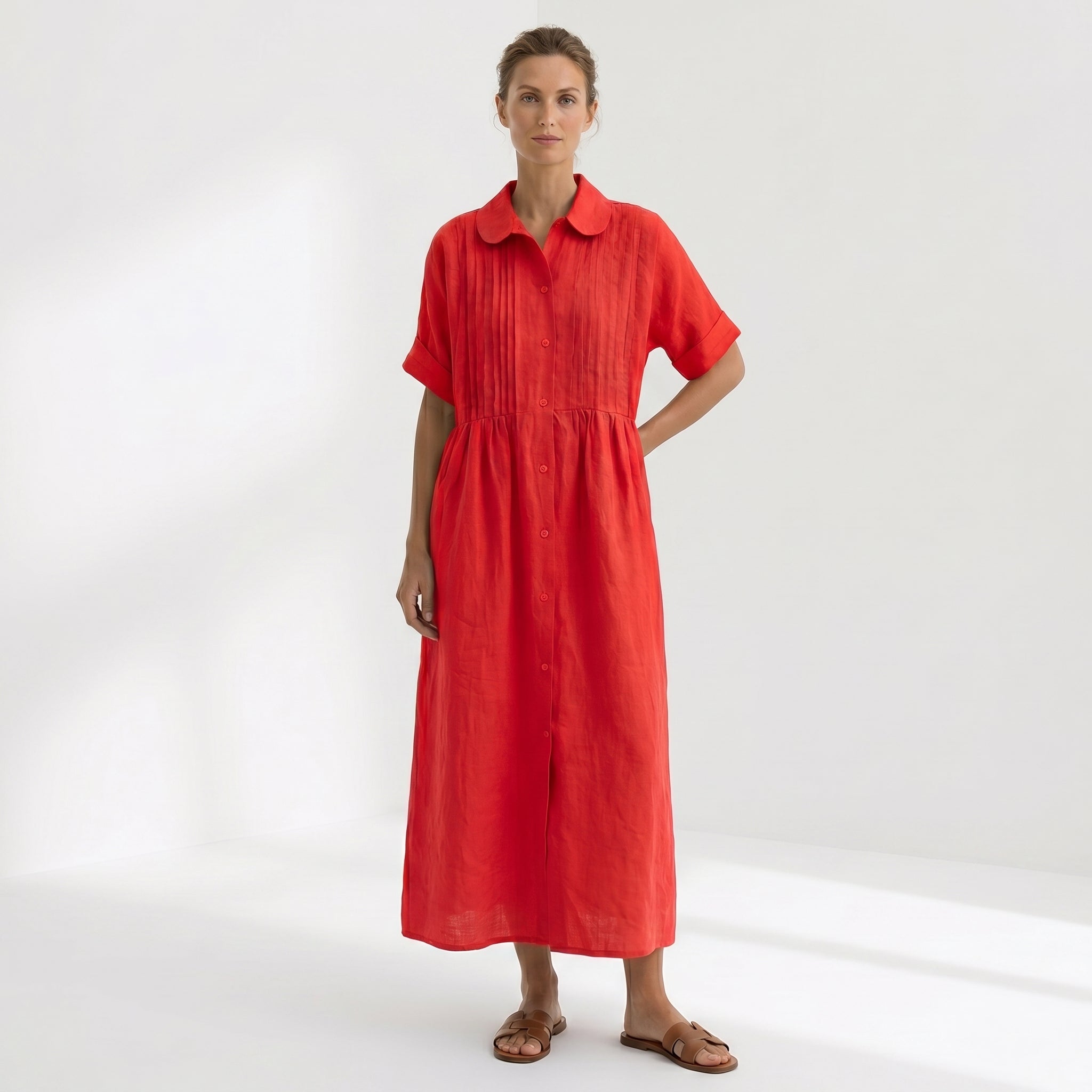 Helena - Vestido Linho Pregas e Botões