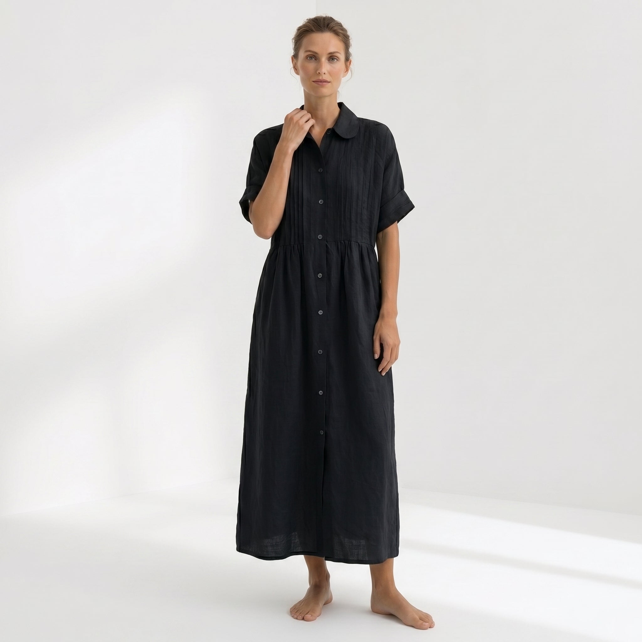 Helena - Vestido Linho Pregas e Botões