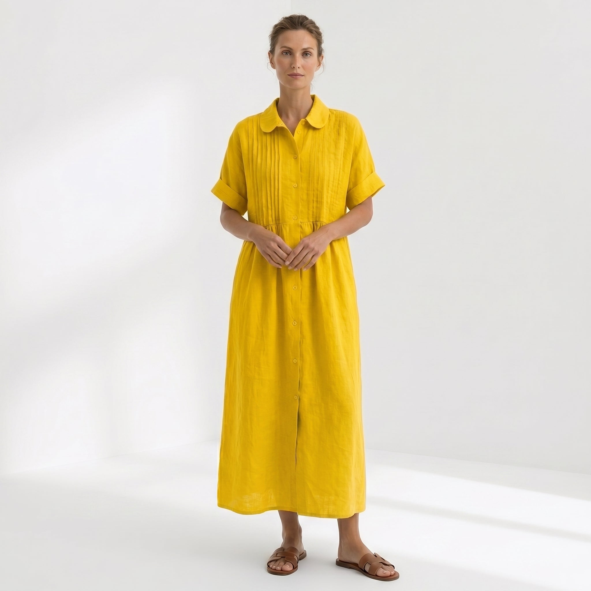 Helena - Vestido Linho Pregas e Botões