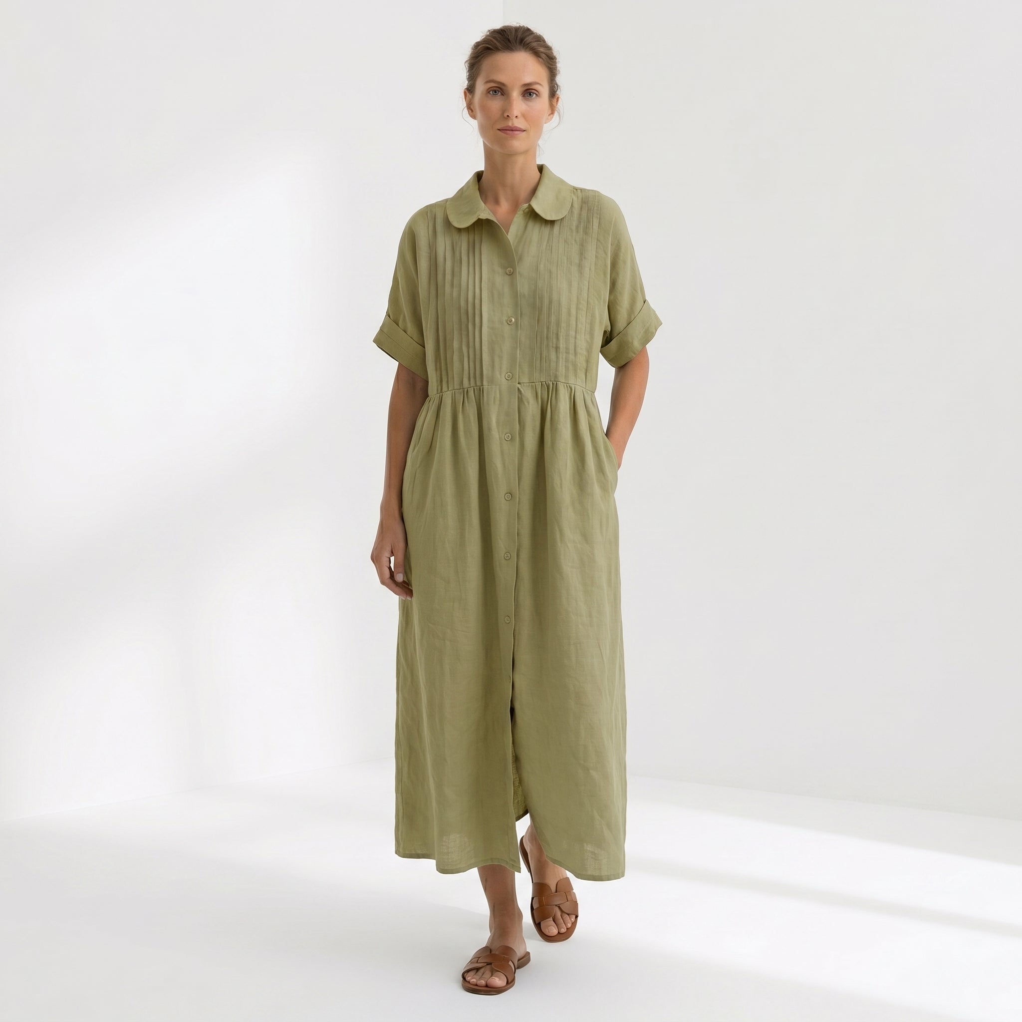 Helena - Vestido Linho Pregas e Botões