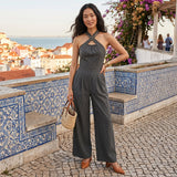 Madalena - Macacão Texturizado Decote Halter Cruzado