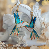 Brincos Pendentes com Colibri em Ouro e Email Azul