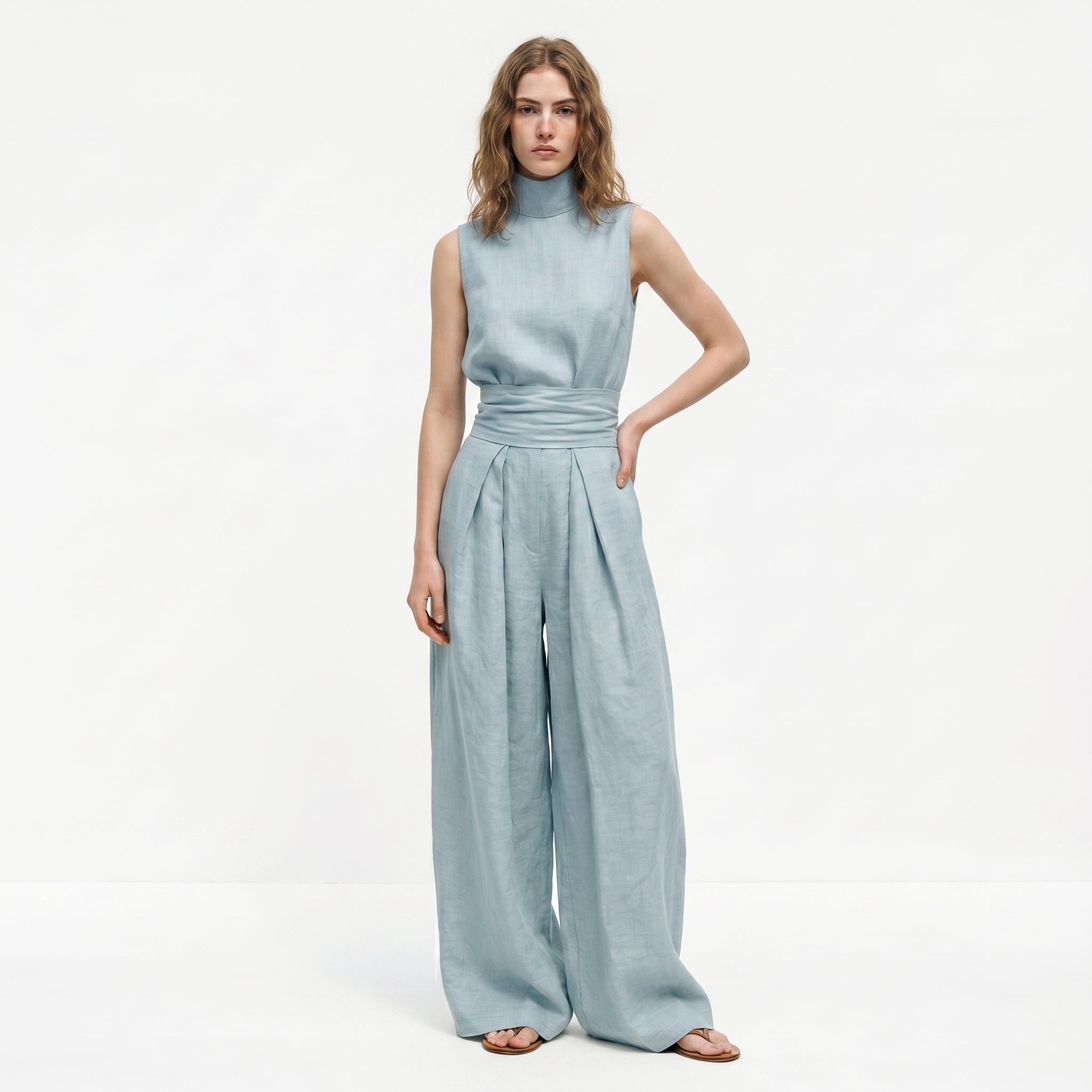 Madalena | Conjunto de Linho Premium com Gola Alta e Calças Wide Leg