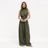 Madalena | Conjunto de Linho Premium com Gola Alta e Calças Wide Leg