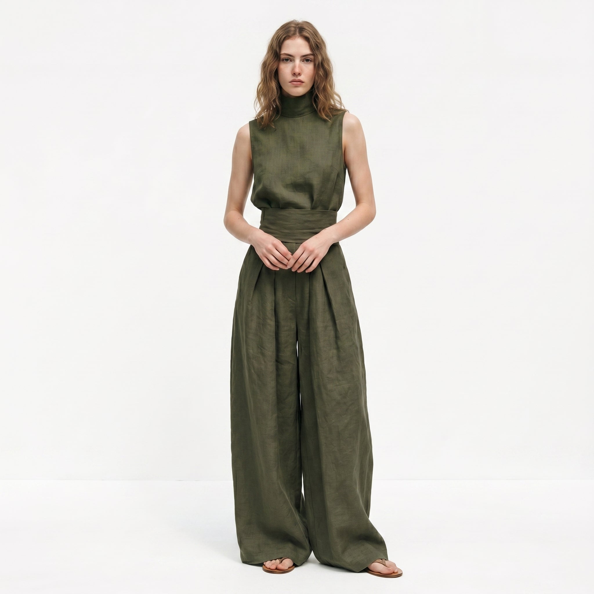 Madalena | Conjunto de Linho Premium com Gola Alta e Calças Wide Leg