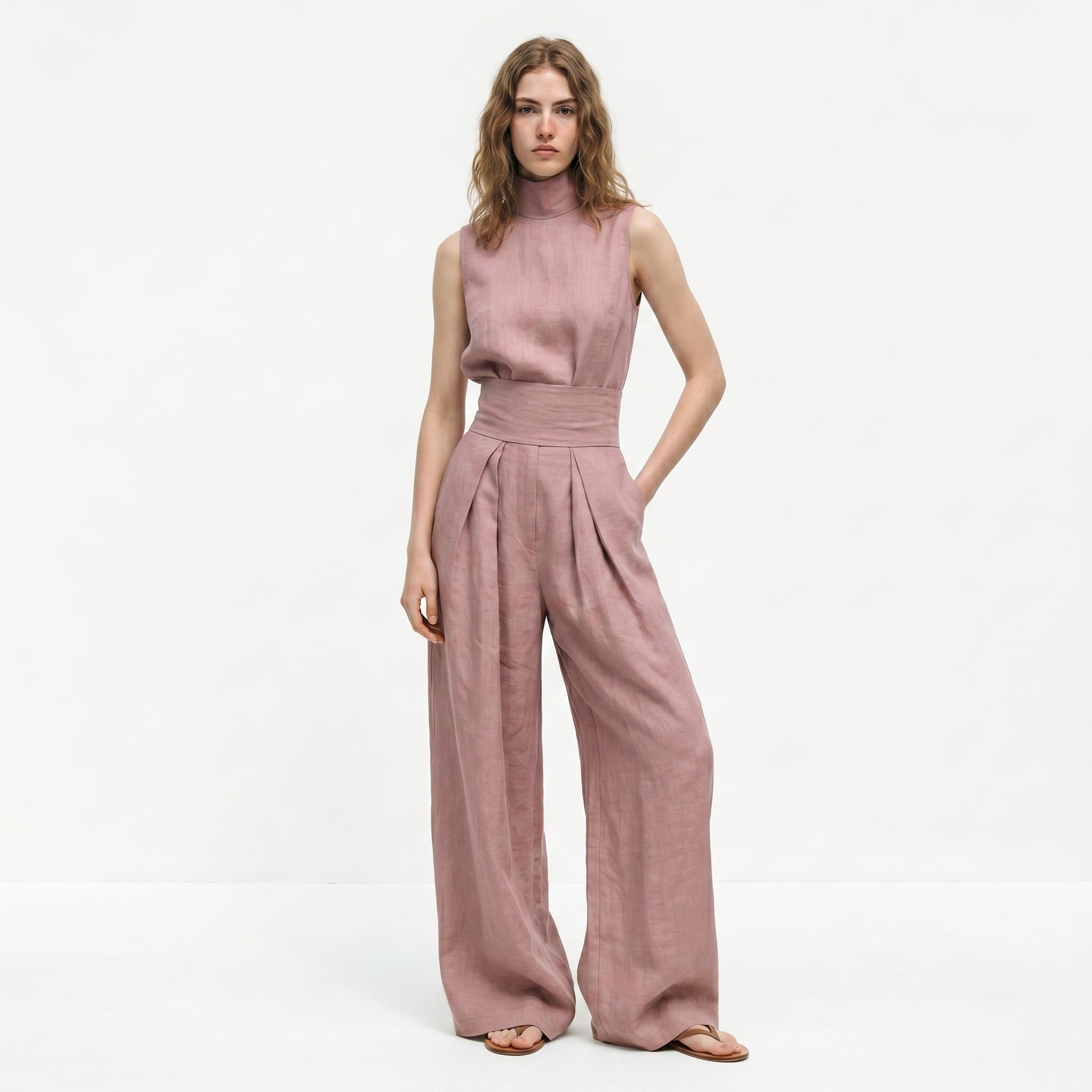 Madalena | Conjunto de Linho Premium com Gola Alta e Calças Wide Leg