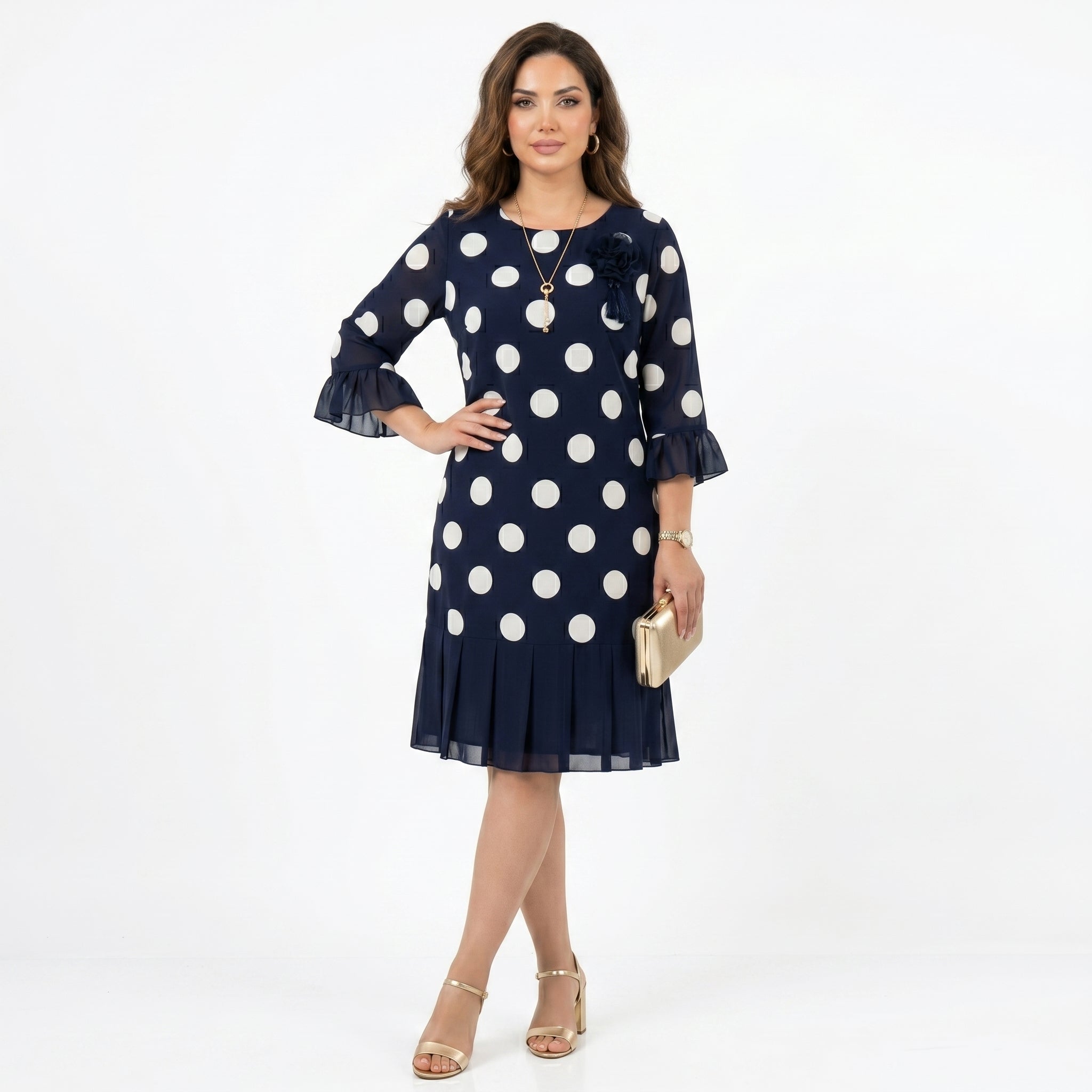 Clara | Vestido Azul Marinho às Bolinhas com Detalhe de Folhos